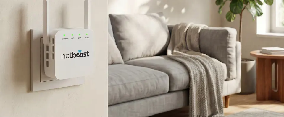NetBoost WiFi extender plugged in beside a sofa in a living room